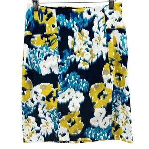 Lysse Charity Pencil Skirt Womens Yellow Blue Floral Abstract Pull On Lined Sz M